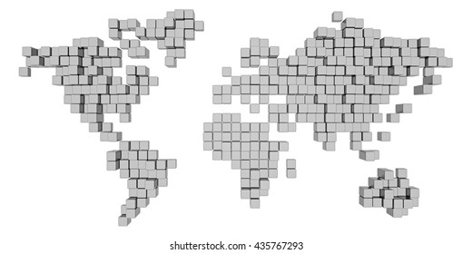 Minimalist Stylish Pixelated (voxel) 3d Rendered World Map Isolated On White Background. 