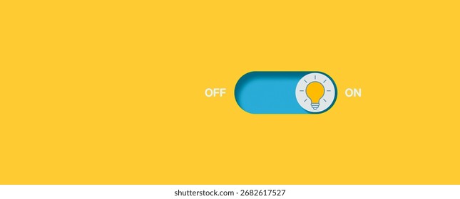 Minimalist switch button with light bulb icon symbolizing creativity, innovation, and idea generation, representing concept of turning on inspiration, problem solving, and bright thinking