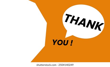 Minimalist thank you card design in bold orange and white. Features a simple speech bubble with "THANK YOU!" text, set against a clean orange background with a white abstract shape. - Powered by Shutterstock