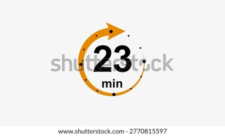 a minimalist timer centered on a clean white background. The number 23 is displayed in bold, black sans-serif font, with the text min positioned directly beneath it. Encircling the digits is a stylized orange arrow forming a circular path, accented by small black dots placed at regular intervals along the curve. The is flat and modern, utilizing high-contrast colors to ensure clarity. It serves as a clear visual indicator for time-based tasks or countdown sequences.