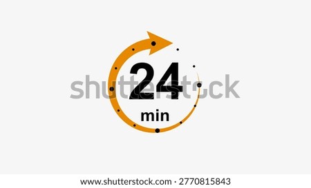 a minimalist timer centered on a clean white background. The number 24 is displayed in bold, black sans-serif font, with the text min positioned directly beneath it. Encircling the digits is a stylized orange arrow forming a circular path, accented by small black dots placed at regular intervals along the curve. The is flat and modern, utilizing high-contrast colors to ensure clarity. It serves as a clear visual indicator for time-based tasks or countdown sequences.