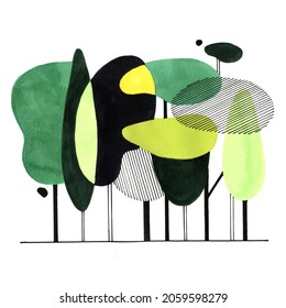 Minimalist Trees. Hand-drawn Raster Illustration With Abstract Park Or Forest For Your Architectural Design.