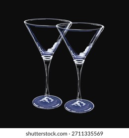 Minimalist vector drawing of two elegant empty martini glasses on a tall stem, rendered in a contour sketch style with blue accents on a black background.