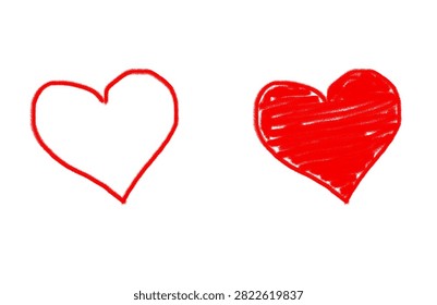 Minimalist vector graphic featuring a set of two hand-drawn red heart icons, one simple line outline and one filled with scribbled crayon texture, isolated on a clean white background.