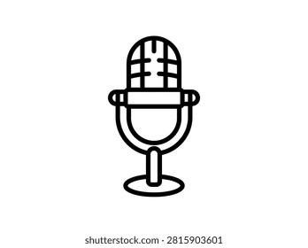 Minimalist vector icon of a microphone featuring a globe pattern on top, standing on a base