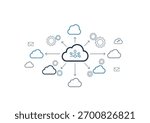Minimalist vector icon set for cloud computing. A central network icon connects to data, processing, and communication symbols. Technology and connectivity concept.
