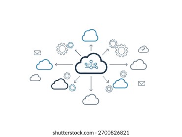 Minimalist vector icon set for cloud computing. A central network icon connects to data, processing, and communication symbols. Technology and connectivity concept.