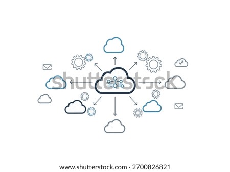 Minimalist vector icon set for cloud computing. A central network icon connects to data, processing, and communication symbols. Technology and connectivity concept.