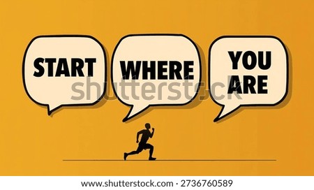 Minimalist vector illustration featuring a runner silhouette and the motivational message "Start Where You Are" in speech bubbles over a yellow background.