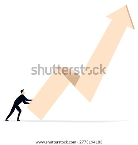 Minimalist vector of a man pushing a large rising arrow, symbolizing effort and business growth.