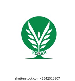 Minimalist Vegan Graphic: Green Circle, Cream Leaf  Shoot 'V'. Eco-Friendly Vegan Logo: Green Circle with Leaf Forming 'V'. Green and Cream Vegan Symbol with Leaf and Shoot in 'V' Shape - Powered by Shutterstock