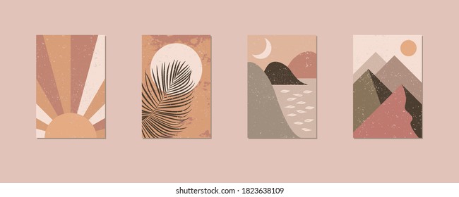 Minimalist Wall Art. Abstract Landscapes For Boho Esthetic Interior. Home Decor Wall Prints. Soft Pink, Terracotta Colors With Mustard Hues. Sun And Moon. Contemporary Artistic Printable Design