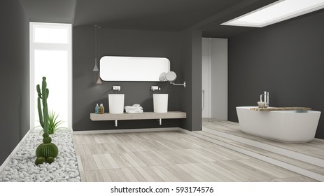 Minimalist white bathroom with succulent garden, wooden floor and pebbles, hotel, spa, modern interior design, 3d illustration
