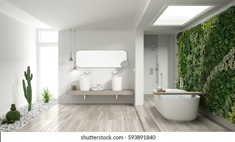 Minimalist White Bathroom With Vertical And Succulent Garden, Wooden Floor And Pebbles, Hotel, Spa, Modern Interior Design