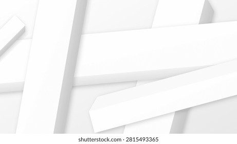 Minimalist white geometric composition featuring overlapping rectangular beams creating a clean abstract architectural pattern design with showcases minimalist