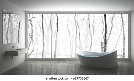 Minimalist White And Gray Bathroom With Big Panoramic Window, Winter Wood In The Background, 3d Illustration