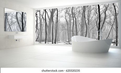 Minimalist White And Gray Bathroom With Big Panoramic Window, Winter Wood In The Background, 3d Illustration