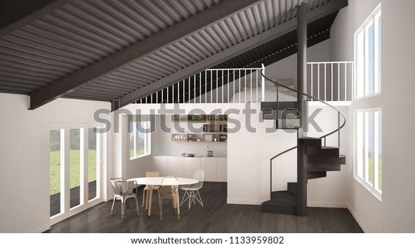 Minimalist White Gray Kitchen Mezzanine Modern