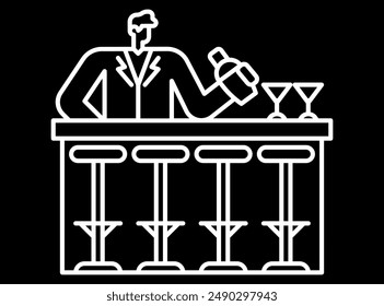 Minimalist white line icon of a bartender mixing a drink behind the bar on a black background, ideal for cocktail, bar, and nightlife designs - Powered by Shutterstock