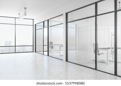 Minimalist White Office Interior With Glass, Furniture, City View And Daylight. 3D Rendering 