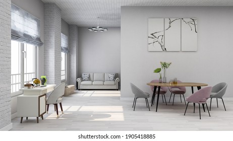 Minimalist White Room Living Room Home Office Backdrop, Photorealistic 3D Illustration, Suitable For Video Conference And As Zoom Virtual Background.	