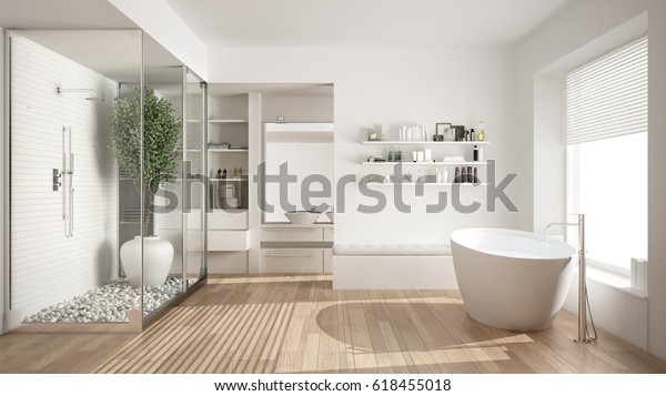 Minimalist\
white scandinavian bathroom with walk-in closet, classic\
scandinavian interior design, 3d\
illustration