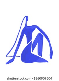 Minimalist Woman Sitting, Paint on Blue. Henry Matisse Vibe art. Contemporary and modern  Fauvism art. For print and poster.