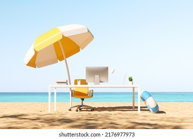 Minimalist Workplace On A Beach, Sea View. Pc Computer And Office Tools, Beach Accessories And Sun Umbrella. Concept Of Vacation And Distance Work. 3D Rendering