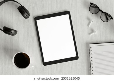 Minimalist Workspace Flat Lay with Tablet and Headphones 3D Render. 3D Illustration