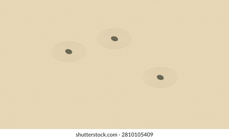 Minimalist zen garden sand pattern with three small stones in a beige background