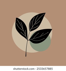 Minimalistic abstract design with bold black leaves over geometric pastel circles. Clean and modern botanical illustration, perfect for backgrounds, prints, or digital projects - Powered by Shutterstock