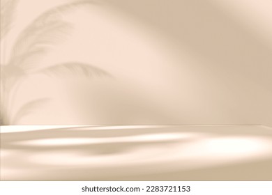 Minimalistic abstract interior gentle light beige background for products presentation and light   shadow  chiaroscuro   fern reflections  Interiors  3d rendering 