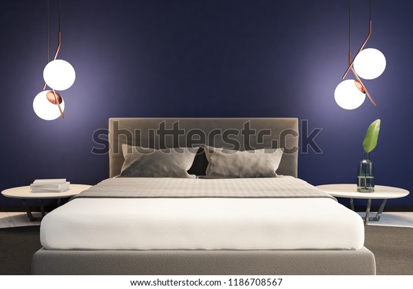 Minimalistic Bedroom Interior Dark Blue Walls