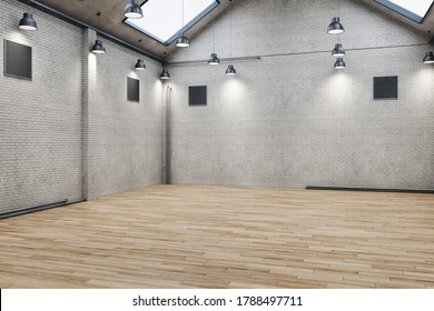 Minimalistic Brick Warehouse Interior With Wooden Floor. Design And Style Concept. Mock Up, 3D Rendering