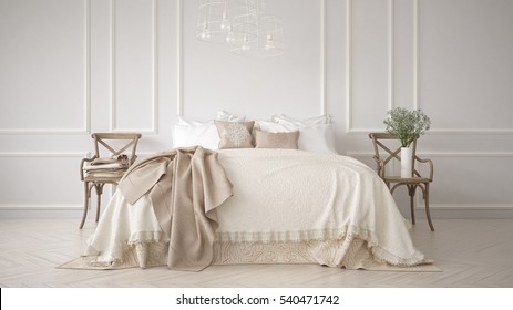 Minimalistic Classic Bedroom, White Interior Design, 3d Illustration