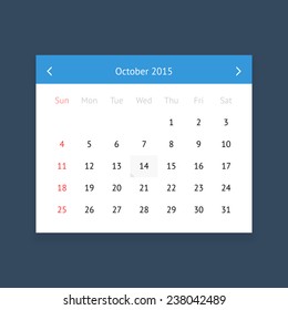 Minimalistic Clean Calendar Page For October 2015 On Dark Blue Background