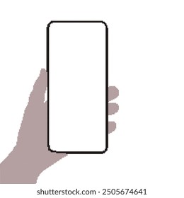 A minimalistic cross-stitch design illustrating a hand holding a smartphone. The hand is crafted in soft beige tones, while the phone is outlined in black, with a blank screen ready for customization - Powered by Shutterstock