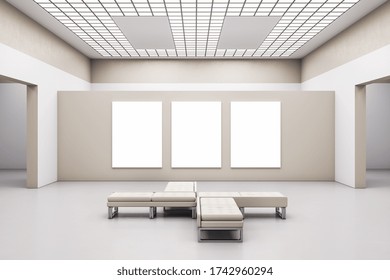 Minimalistic exhibition hall with three blank banners on wall and bench. Gallery concept. Mock up, 3D Rendering
