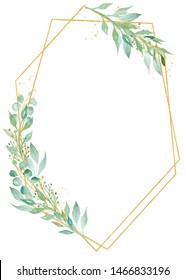 Minimalistic floral decorative frame watercolor raster illustration. Geometric border with copyspace. Botanical invitation, greeting card, postcard watercolour design element. Gold line with foliage