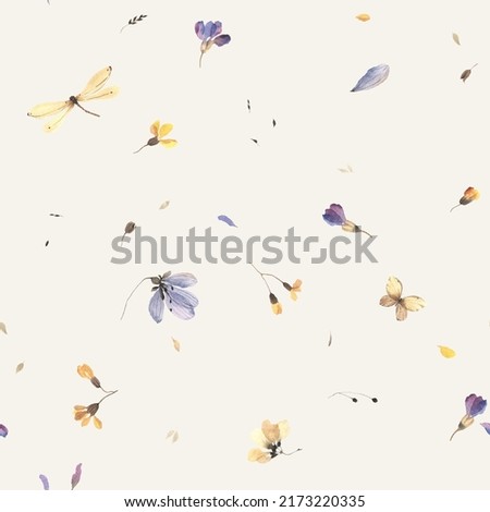 Minimalistic floral pattern with small scattered flowers, petals, flying butterfly and dragonfly, wildlife watercolor print, seamless pattern purple and yellow colors, delicate background for textile. Foto stock © 