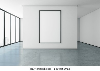 Minimalistic Gallery With City View And Empty Poster On Concrete Wall. Museum Concept. Mock Up, 3D Rendering 