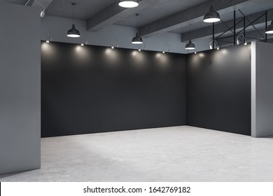 Minimalistic Gallery Interior With Empty Black Wall And Concrete Floor. Museum And Exhibition Concept. 3D Rendering