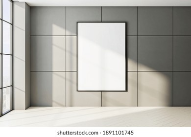 Minimalistic Gallery Interior With Empty Vertical Banner On Wall. Art And Design Concept. Mock Up. 3D Rendering