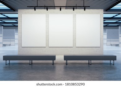 Minimalistic Gallery Interior With Three Empty Banners On Gray Wall And Two Bench. Museum And Exhibition Concept. Mock Up, 3D Rendering