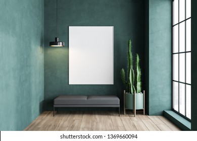 Minimalistic Green Living Room Interior With Wooden Floor, Tall Window And Gray Bench With Vertical Poster Above It. Potted Plant. 3d Rendering Mock Up