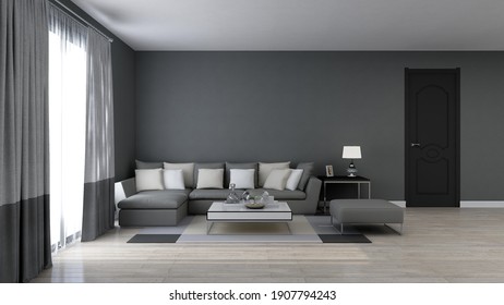 Minimalistic Grey Living Room Backdrop, Photorealistic 3D Illustration, Suitable For Video Conference And As Zoom Virtual Background.	