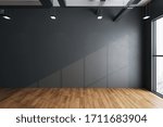 Minimalistic hall interior with empty gray wall, city view and daylight. Gallery and presentation concept. Mock up, 3D Rendering