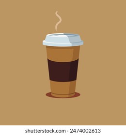 A minimalistic illustration of a takeaway coffee cup with a lid, emitting steam. The cup features a dark sleeve and is set against a solid brown background, evoking a sense of simplicity and warmth. - Powered by Shutterstock