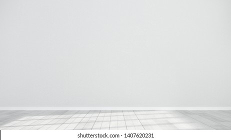 Minimalistic interior of an empty room with wooden parquet floor and gray wall. Large spacious studio - mock up for advertising goods, products - 3d render, illustration.
