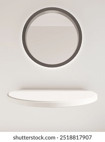 A minimalistic interior featuring a round mirror reflecting light above a sleek shelf, perfect for modern decor inspiration. 3D rendering